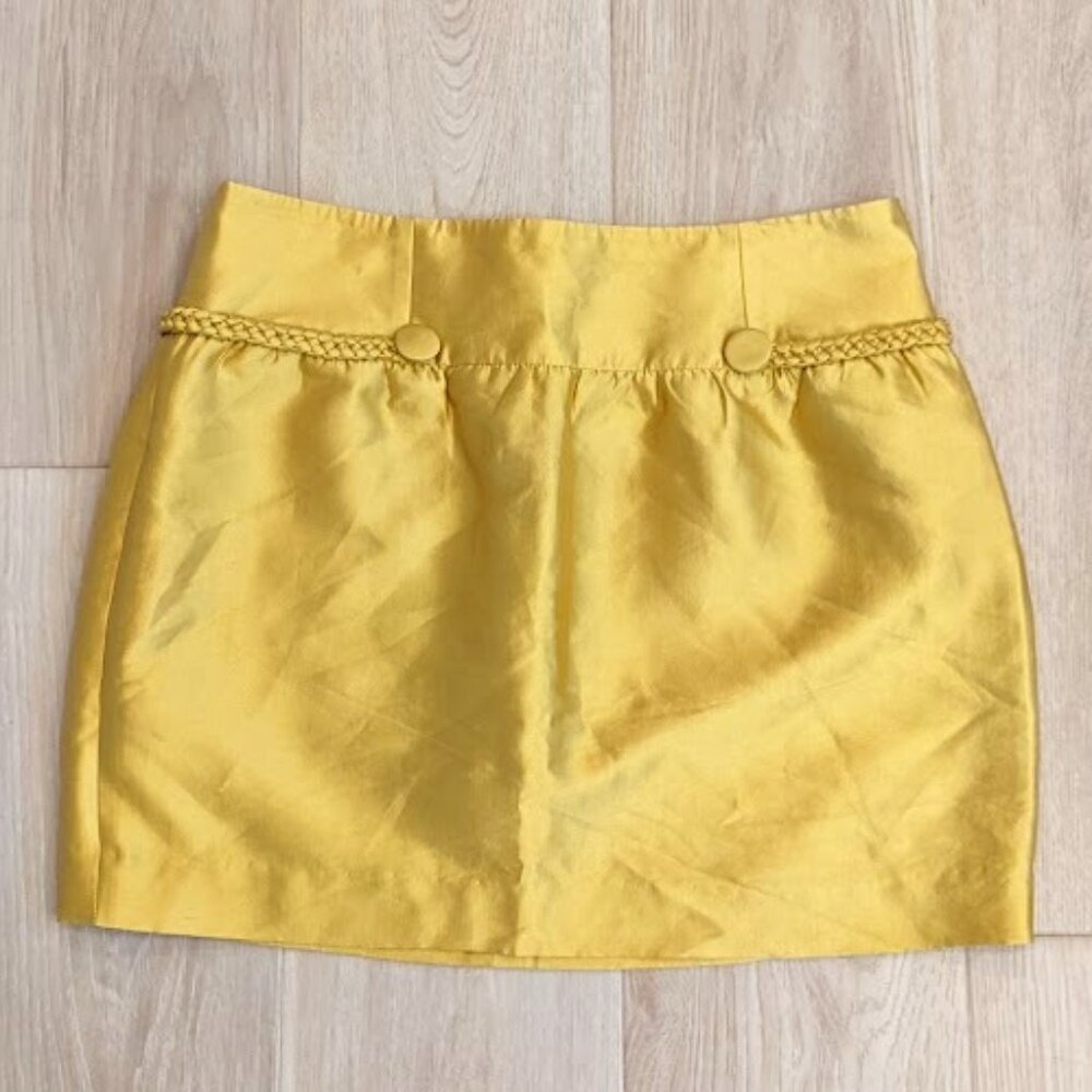 Reiss Gold/Yellow Hillary Mini Skirt Silk/Cotton Braid Button UK 12 US 8